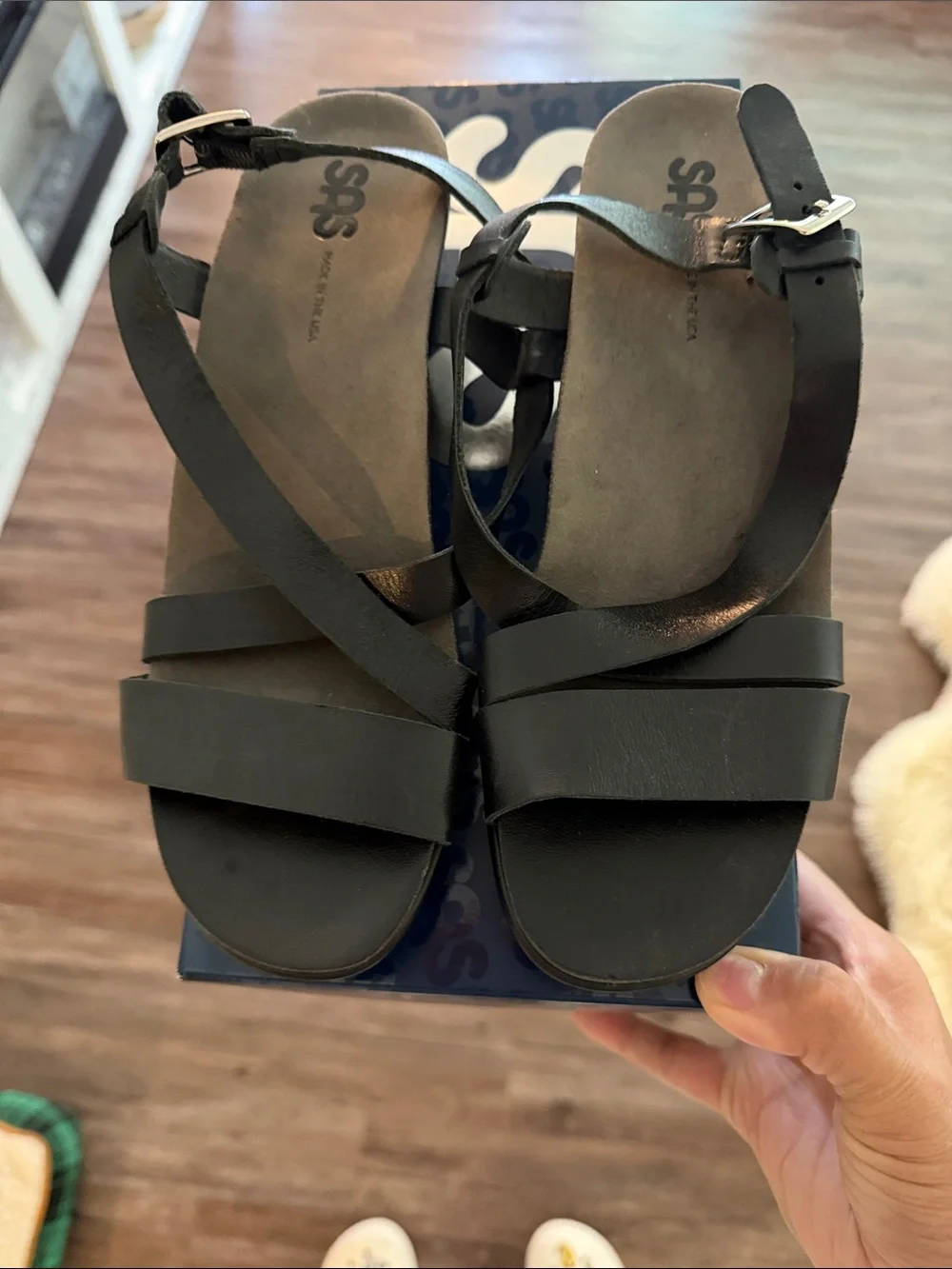 Vintage SAS Black Leather Low Heel Strappy Sandals